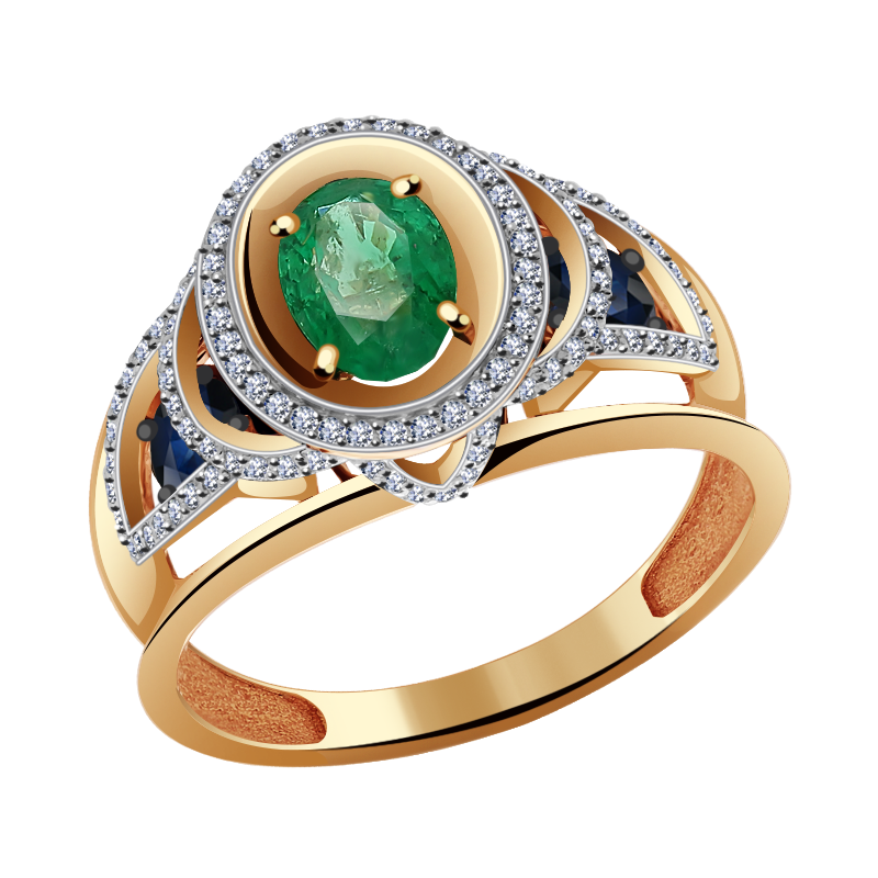 Золотое кольцо Александра с бриллиантом, изумрудом и сапфиром