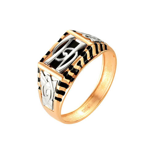 Золотое кольцо Караваевская ювелирная фабрика с ониксом и эмалью