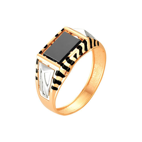 Золотое кольцо Караваевская ювелирная фабрика с ониксом и эмалью