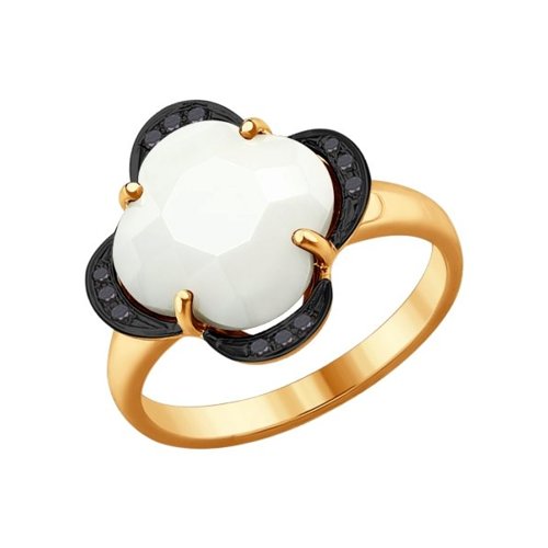 Золотое кольцо SOKOLOV с керамикой и чёрным бриллиантом