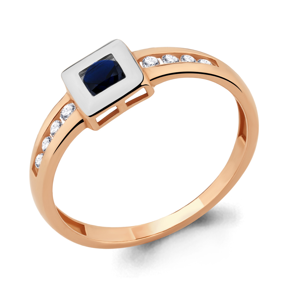 Золотое кольцо AQUAMARINE с фианитом и гидротермальным сапфиром
