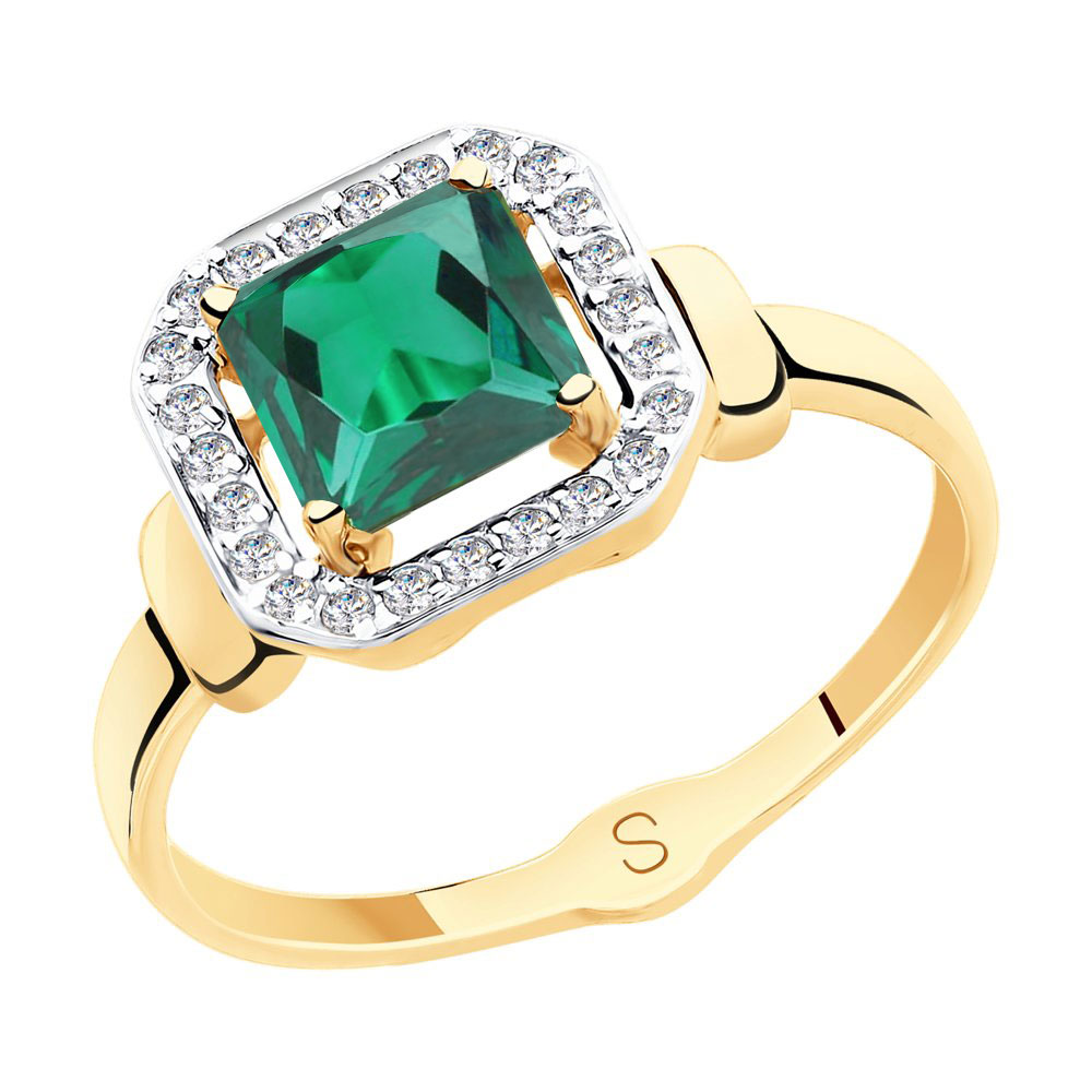 Золотое кольцо SOKOLOV с ситаллом цвета Турмалин и фианитом