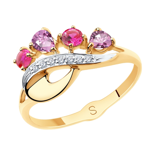 Золотое кольцо SOKOLOV с фианитом, родолитом, миксом камней и рубиновым корундом