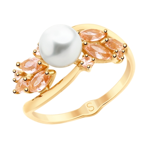 Золотые кольца SOKOLOV с ситаллом цвета Морганит и жемчугом