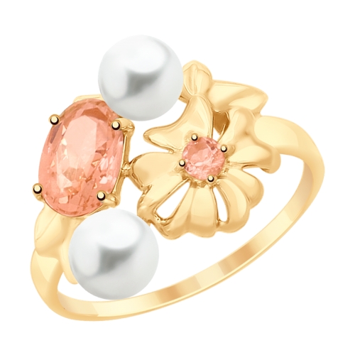 Золотое кольцо SOKOLOV с ситаллом цвета Морганит и жемчугом