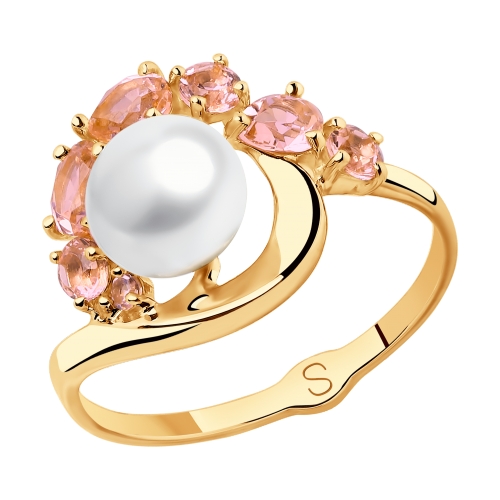 Золотое кольцо SOKOLOV с ситаллом цвета Морганит и жемчугом