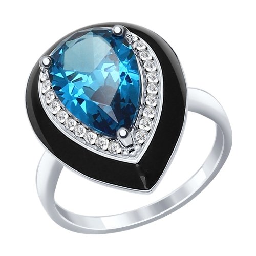 Серебряное кольцо SOKOLOV с ситаллом цвета Лондон топаз, фианитом и эмалью