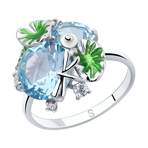Серебряное кольцо SOKOLOV с ситаллом цвета Топаз, фианитом и эмалью