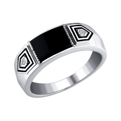 Серебряное кольцо SOKOLOV с фианитом, ониксом и эмалью