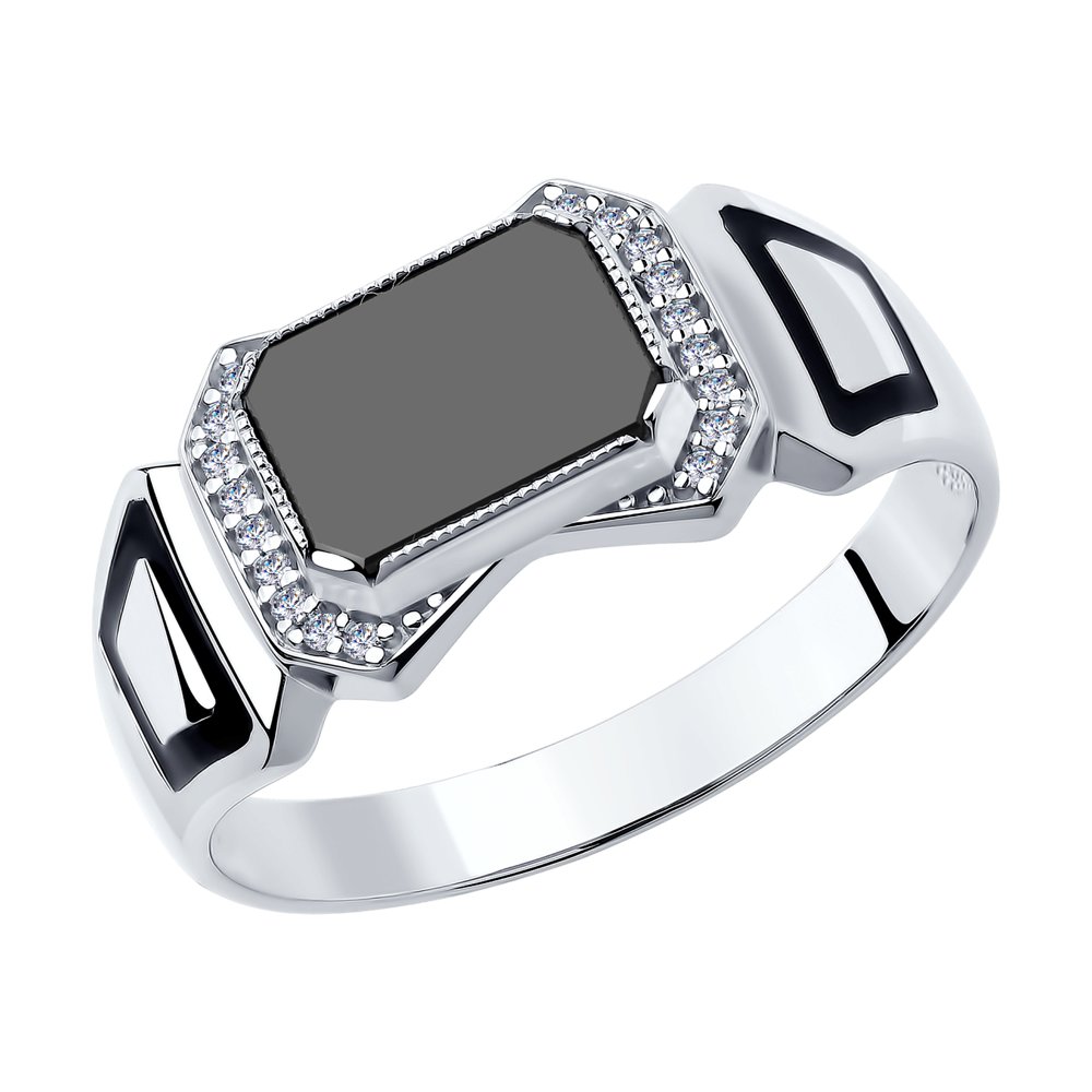 Серебряное кольцо SOKOLOV с фианитом, ониксом, эмалью и шпинелью