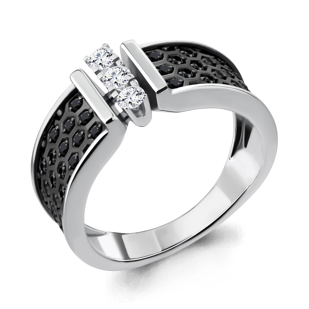 Кольцо из белого золота AQUAMARINE с бриллиантом и чёрным бриллиантом