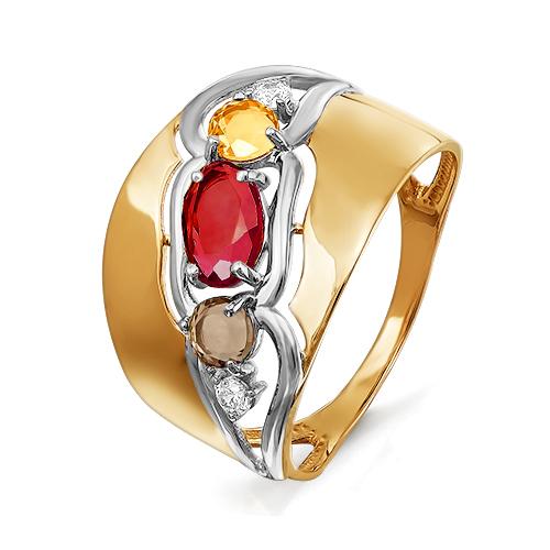 Золотое кольцо КЮЗ Del'ta с фианитом, цитрином, гранатом, миксом камней и раухтопазом