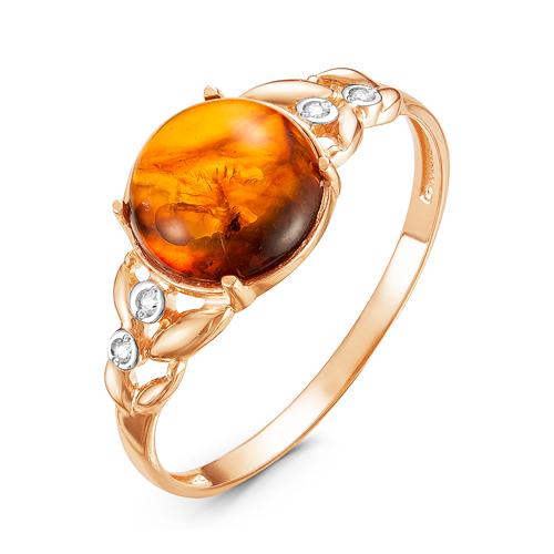 Золотое кольцо КЮЗ Del'ta с фианитом и янтарём