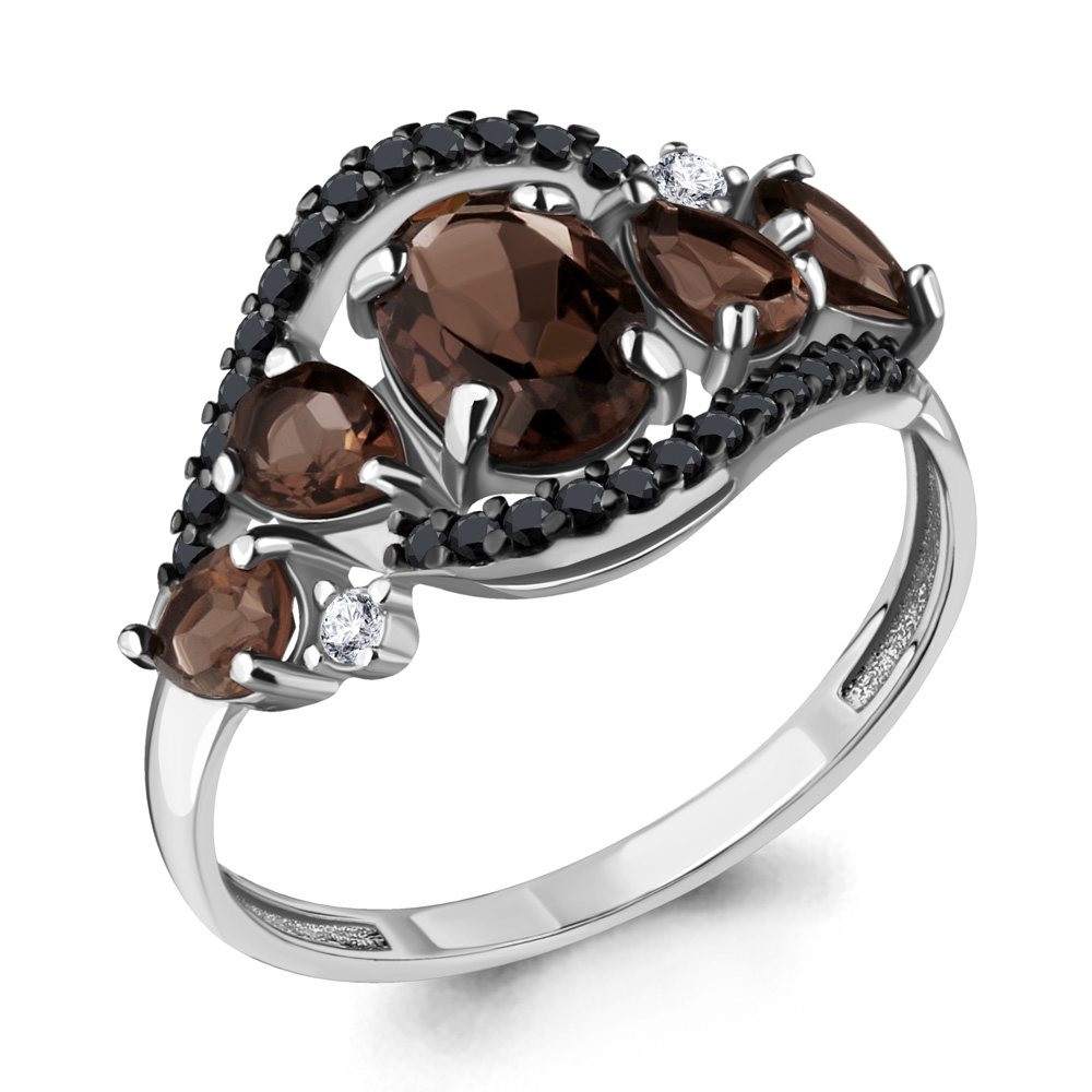 Серебряное кольцо AQUAMARINE с фианитом, раухтопазом и ювелирным кристаллом