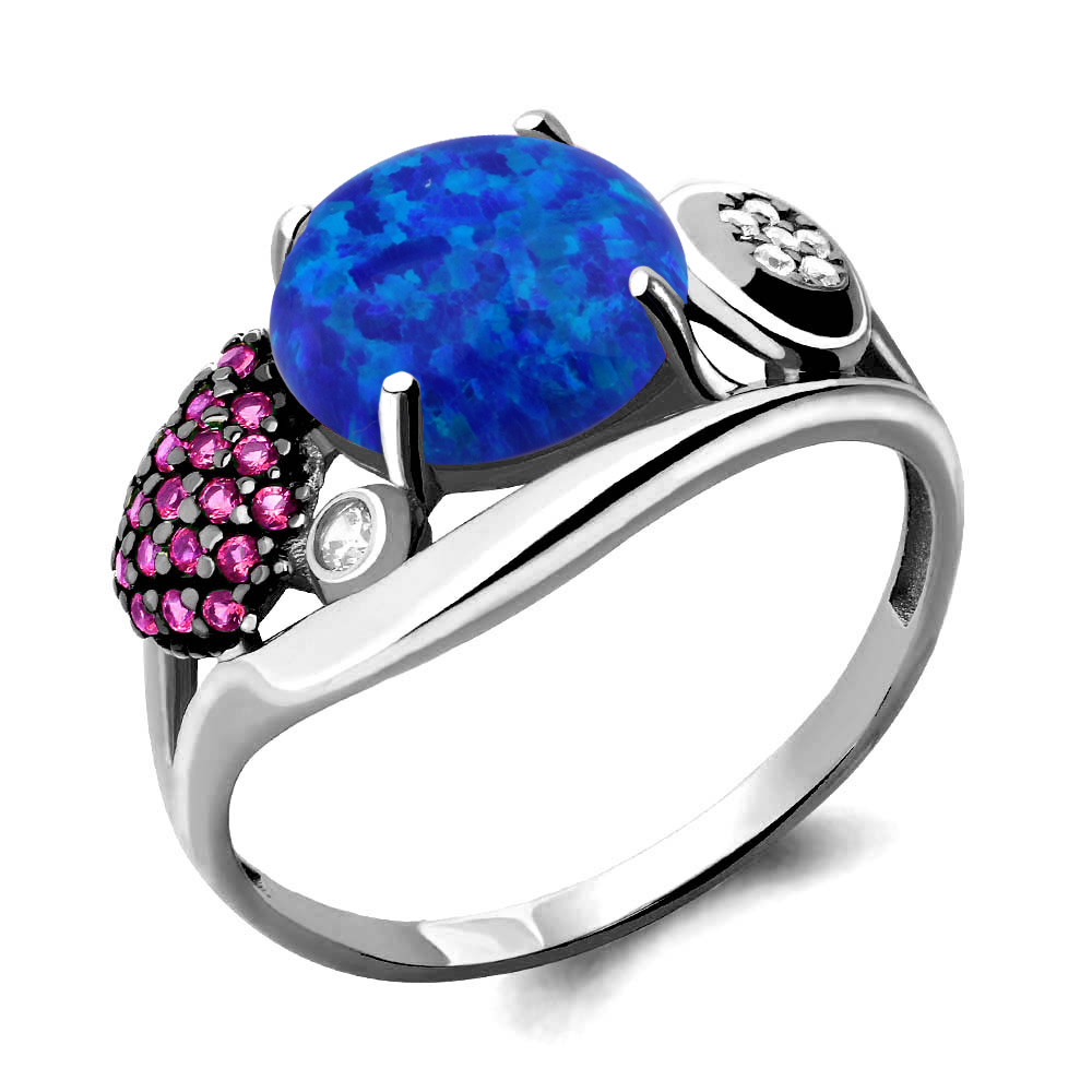 Серебряное кольцо AQUAMARINE с фианитом, опалом и рубиновым корундом