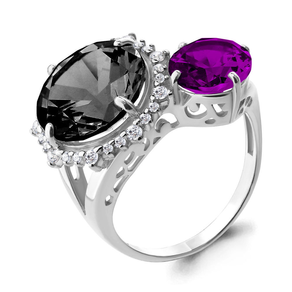 Серебряное кольцо AQUAMARINE с фианитом, аметистом и ювелирным кристаллом