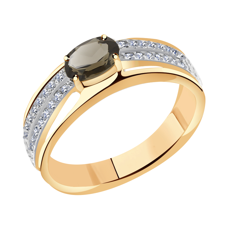 Золотое кольцо Гиалит с фианитом и раухтопазом