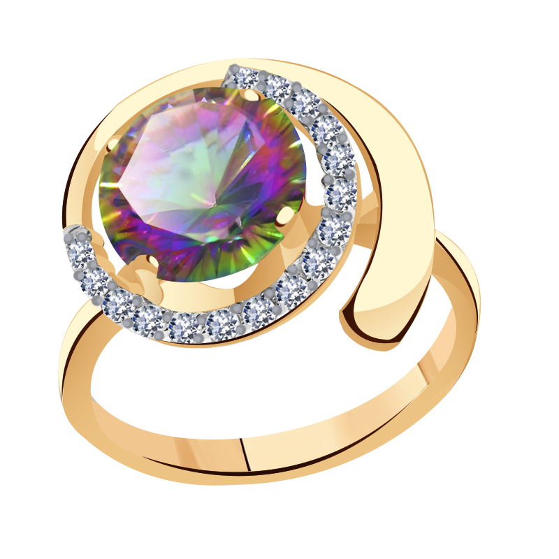 Золотое кольцо Гиалит с фианитом и кварцем