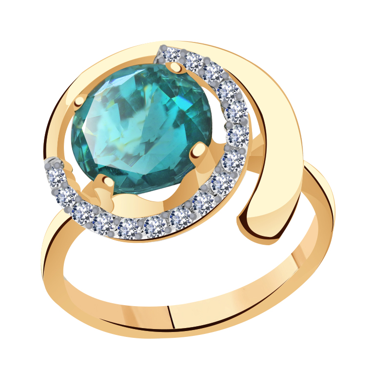 Золотое кольцо Гиалит с ситаллом цвета Параиба с фианитом