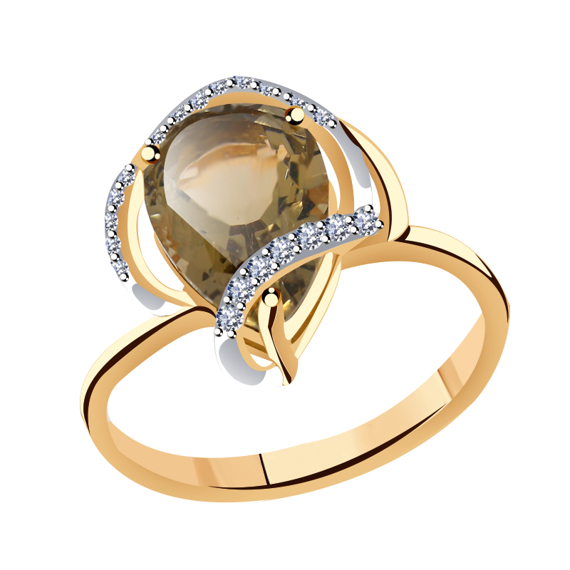 Золотое кольцо Гиалит с фианитом и раухтопазом