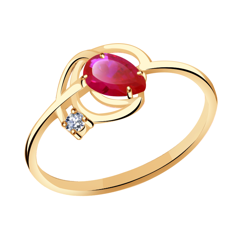 Золотое кольцо Гиалит с фианитом и рубиновым корундом