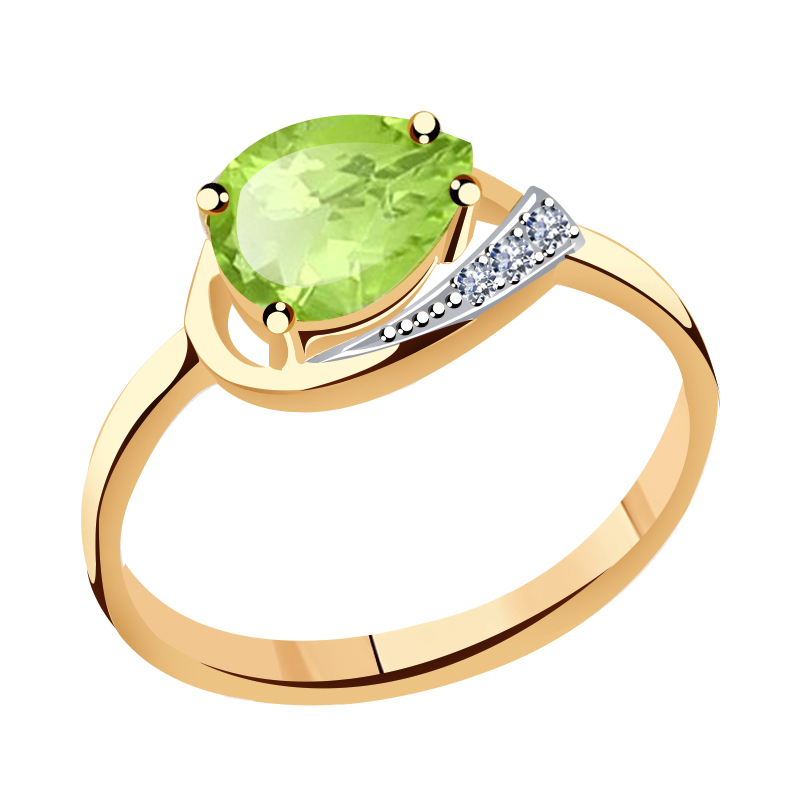 Золотое кольцо Гиалит с фианитом и хризолитом