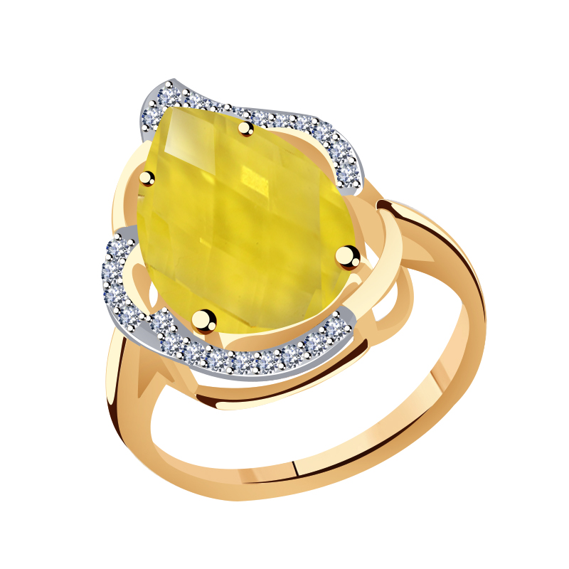 Золотое кольцо Гиалит с фианитом и цитрином