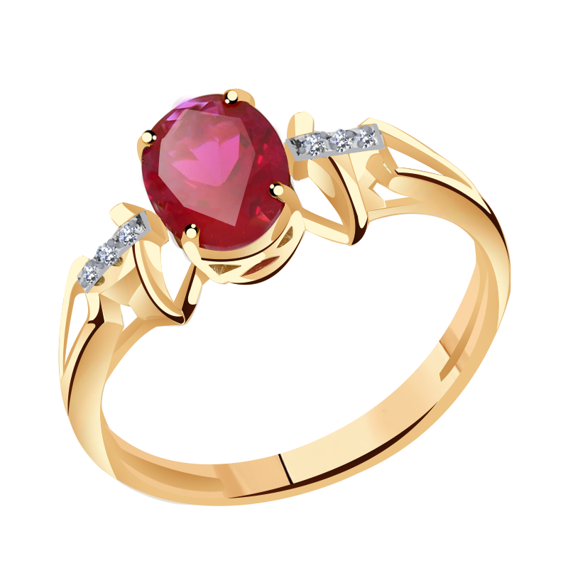 Золотое кольцо Гиалит с фианитом и рубиновым корундом