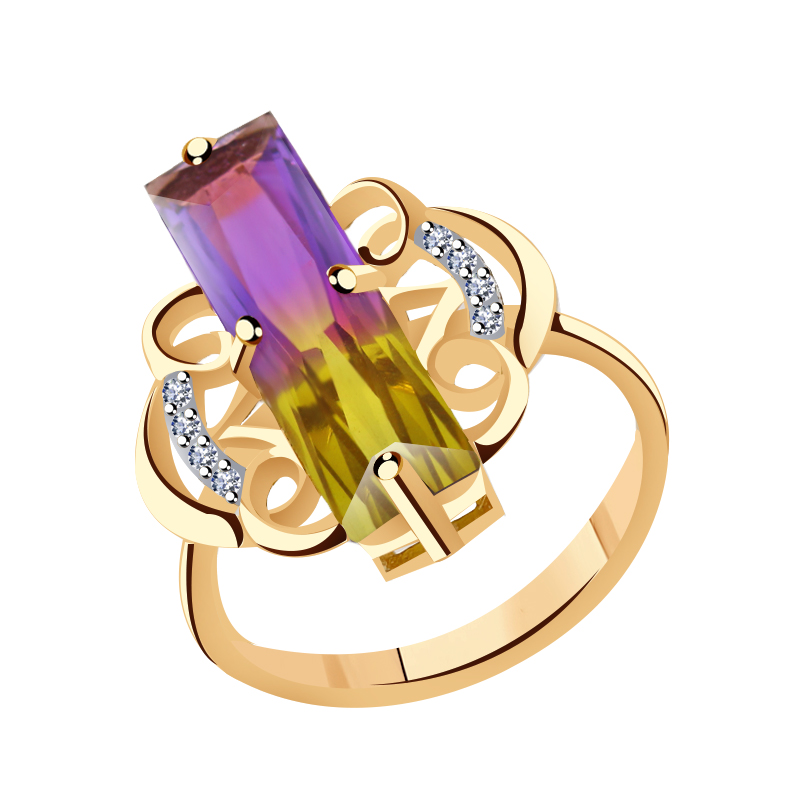 Золотое кольцо Гиалит с фианитом и Аметрин
