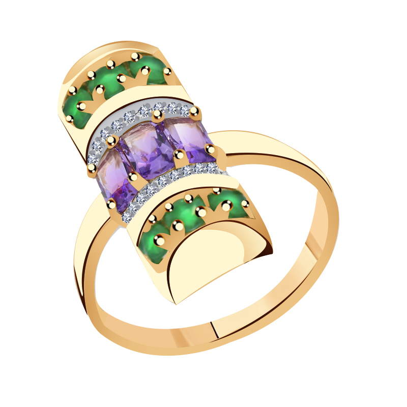 Золотое кольцо Гиалит с фианитом, аметистом, агатом и миксом камней