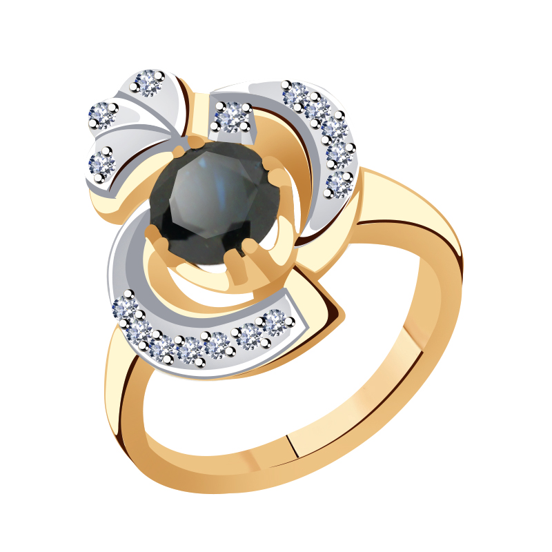 Золотое кольцо Русь Золотая с сапфиром и цирконием
