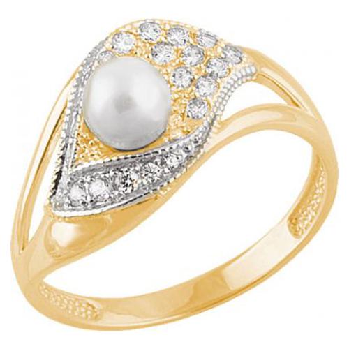 Золотое кольцо Красносельский ювелир с фианитом и жемчугом