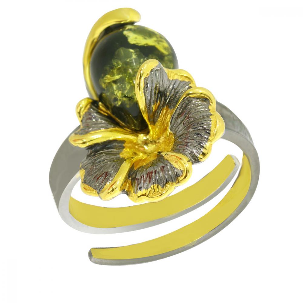 Кольцо из лимонного серебра Янтарная волна с янтарём
