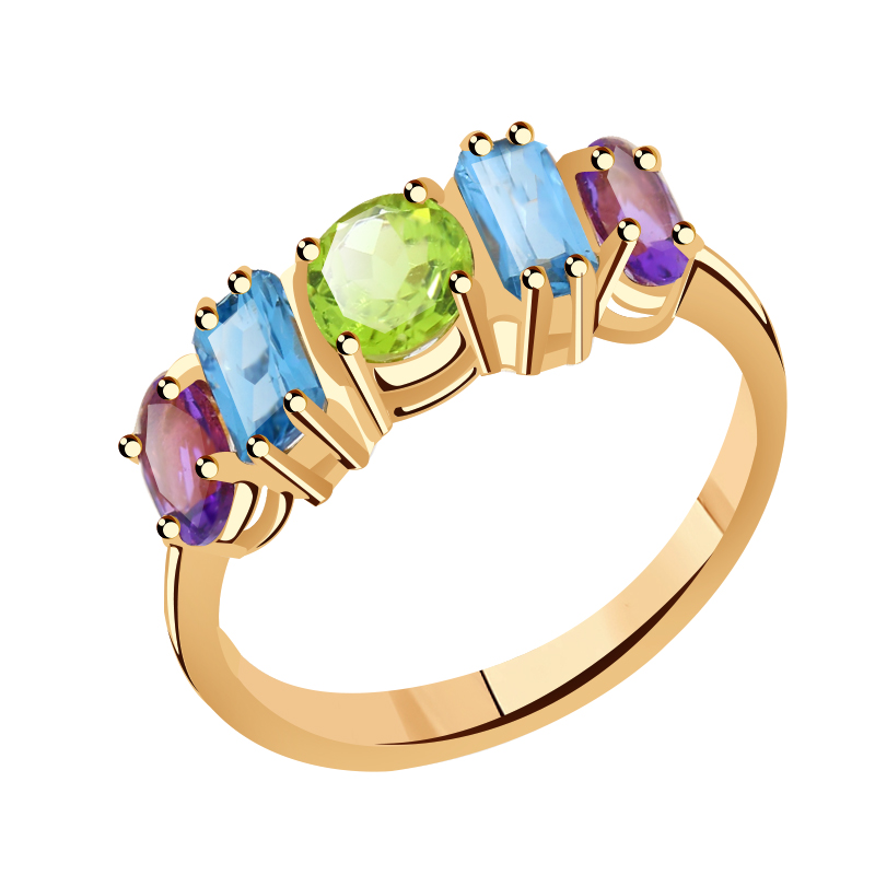 Золотое кольцо Гиалит с топазом, аметистом, хризолитом и миксом камней