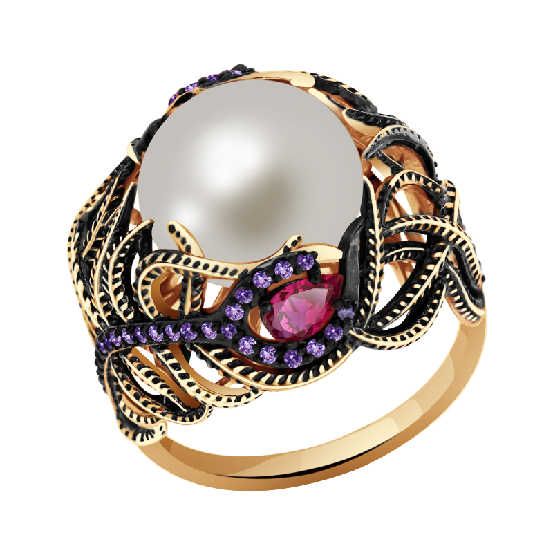 Золотое кольцо Александра с фианитом, жемчугом и рубиновым корундом