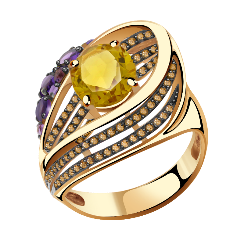 Золотое кольцо Александра с фианитом, аметистом, цитрином и миксом камней