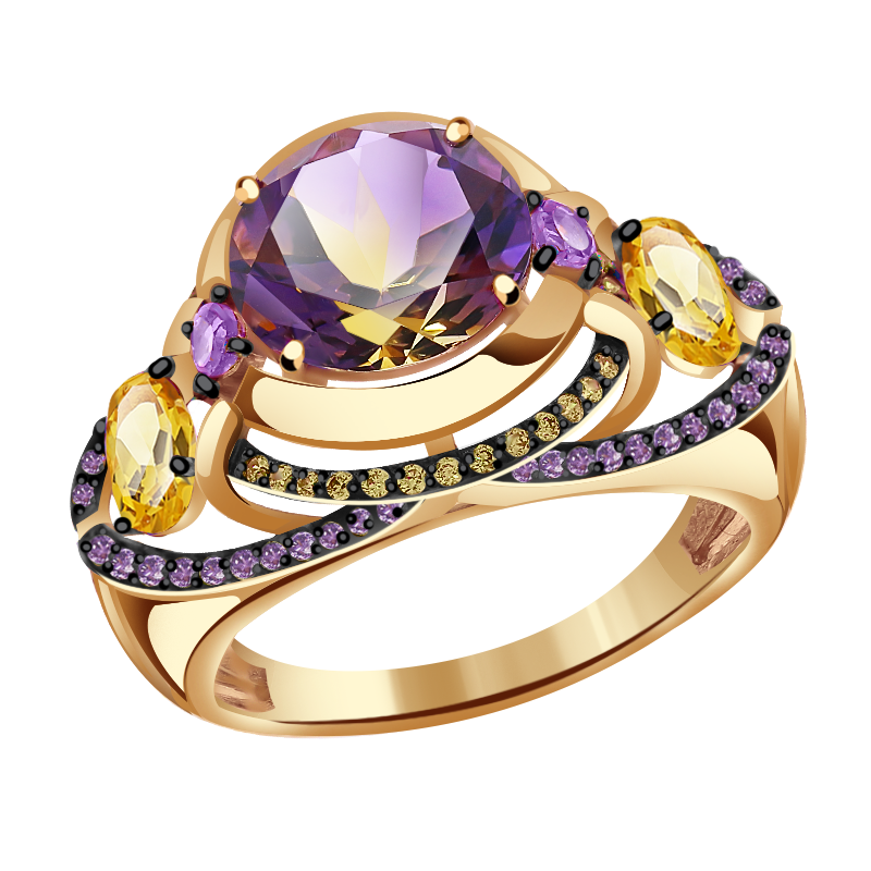 Золотое кольцо Александра с фианитом, цитрином, миксом камней и Аметрин