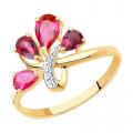 Золотое кольцо Diamant с фианитом, родолитом, миксом камней и рубиновым корундом
