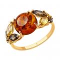 Золотое кольцо SOKOLOV с цитрином, янтарём, миксом камней и раухтопазом