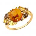 Золотое кольцо SOKOLOV с цитрином, янтарём и раухтопазом
