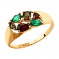 Золотое кольцо SOKOLOV с ситаллом цвета Кварц темно-зеленый и миксом камней