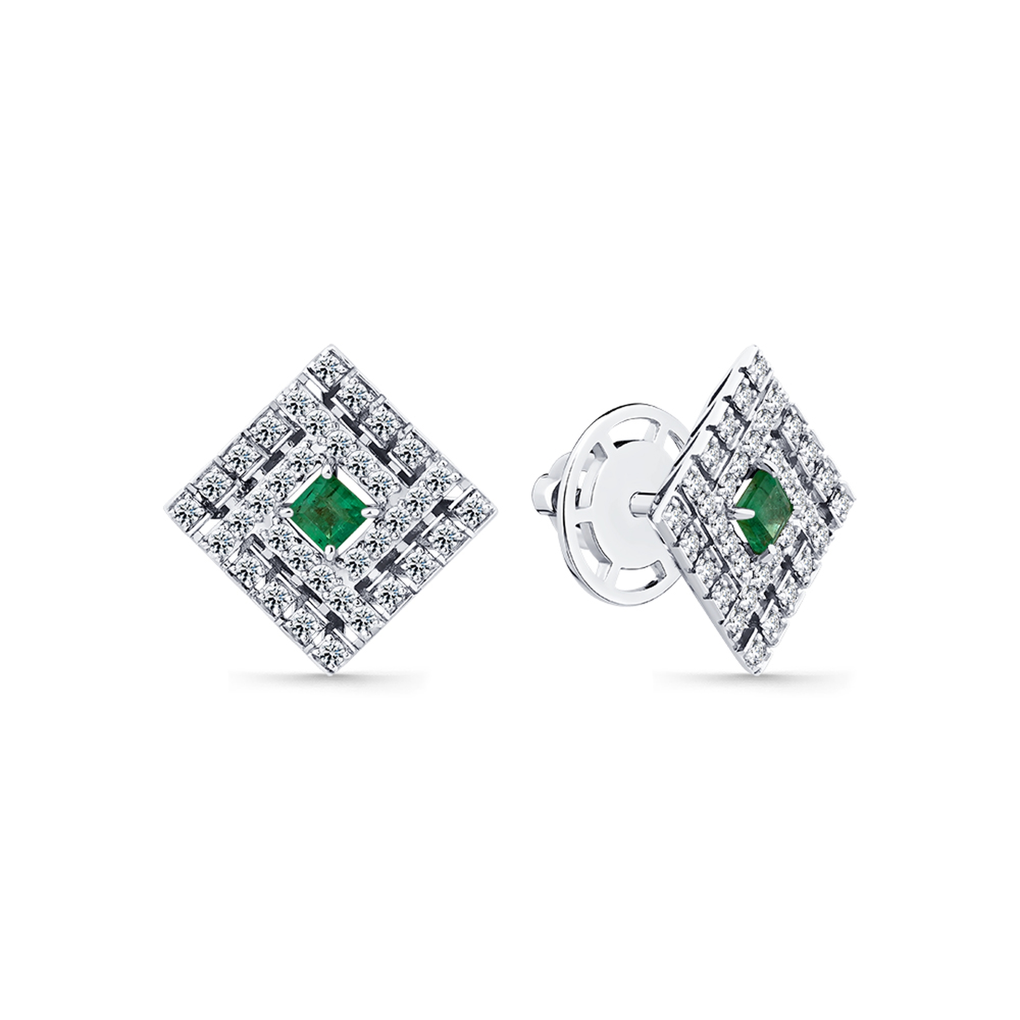 Серьги из белого золота Мастер Бриллиант с бриллиантом и изумрудом