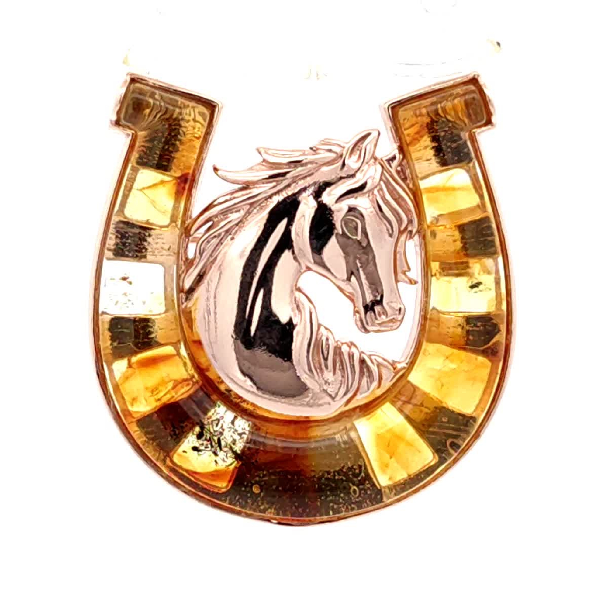 Брошь из золочёного серебра Символ года Лошадь Дарвин с янтарём