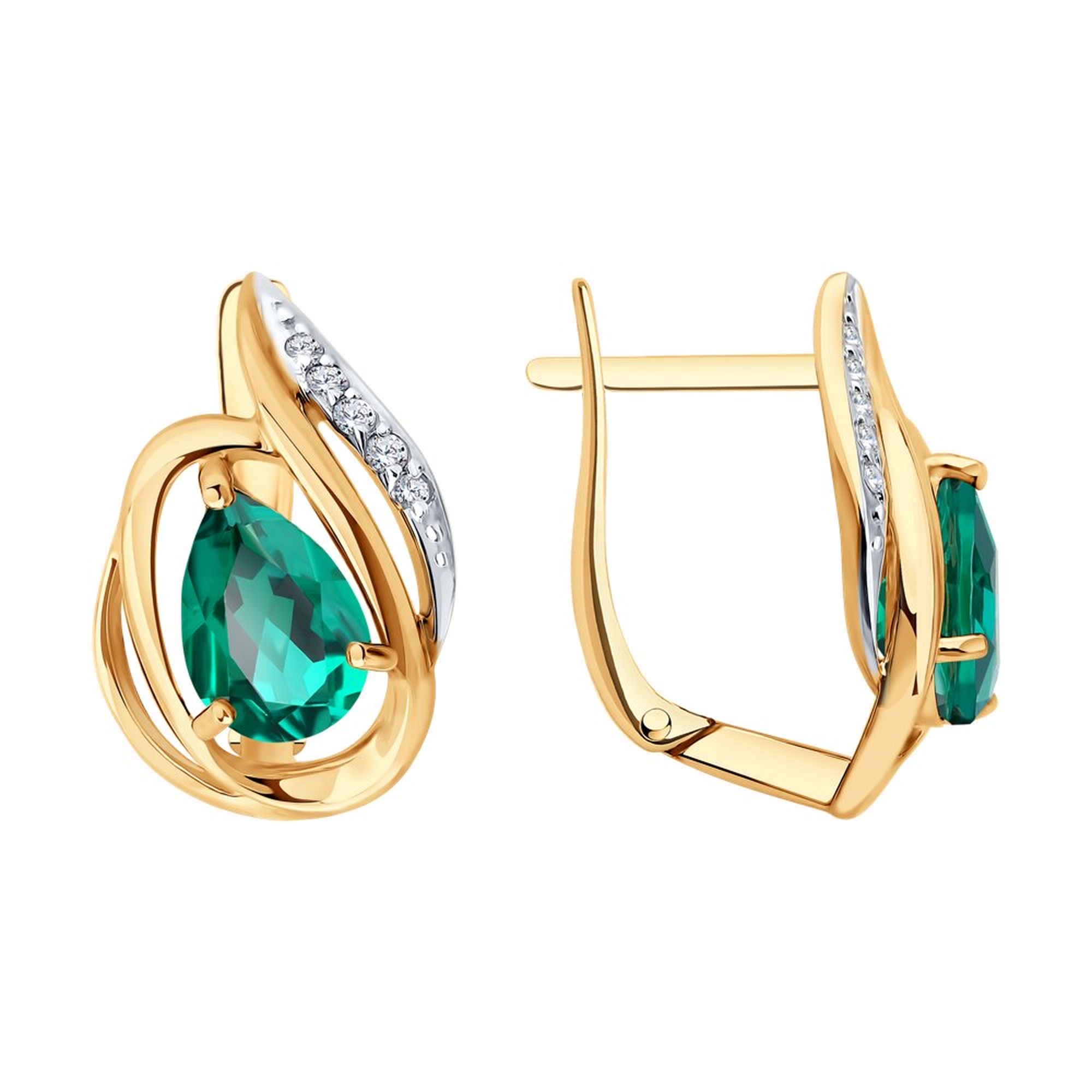 Золотые серьги SOKOLOV с бриллиантом и гидротермальным изумрудом