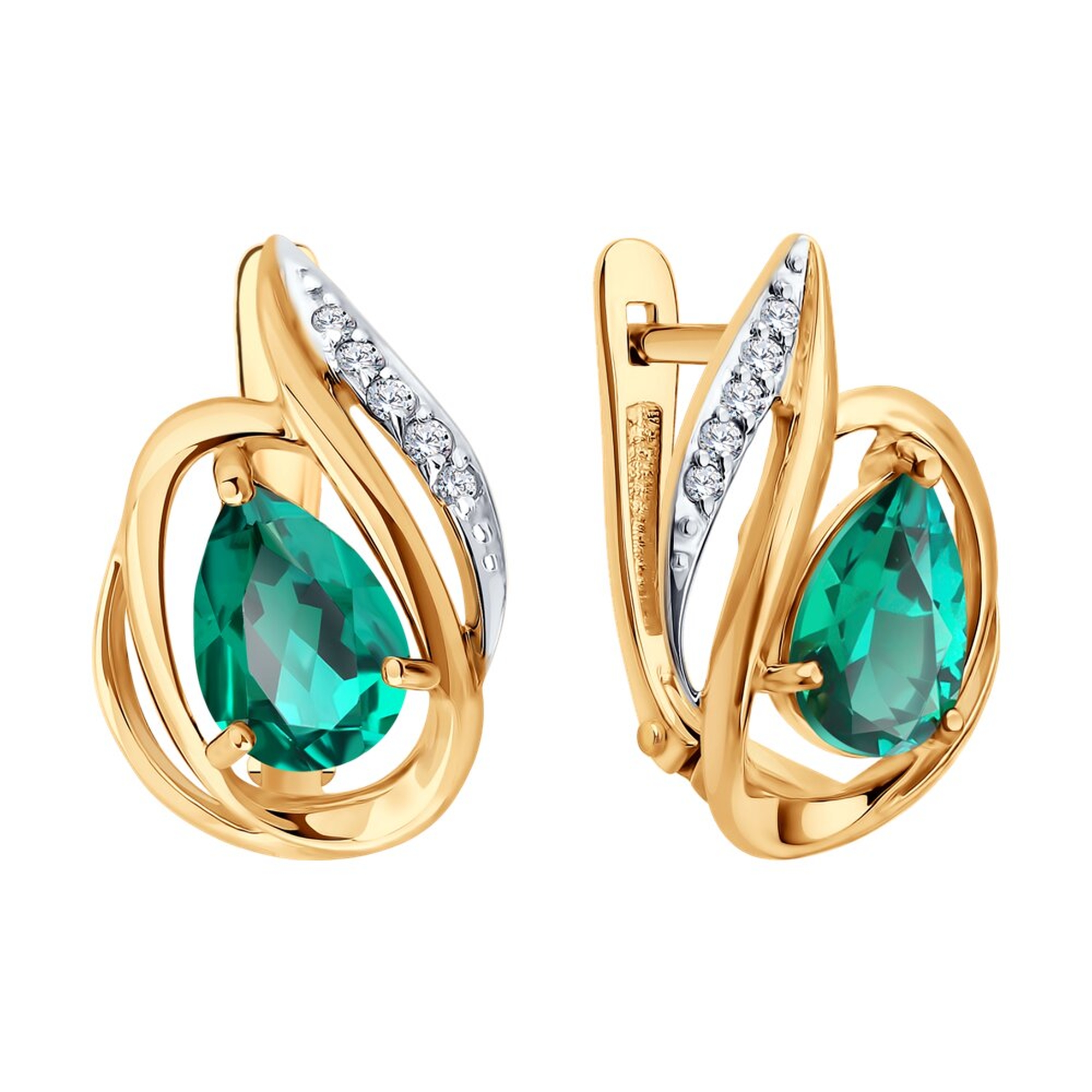 Золотые серьги SOKOLOV с бриллиантом и гидротермальным изумрудом