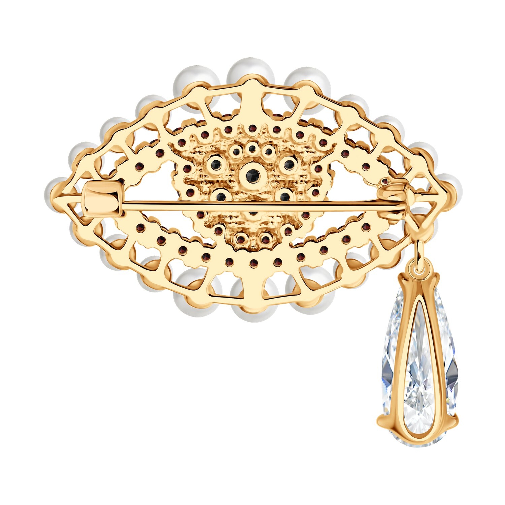 : Брошь из золочёного серебра с синтетическим жемчугом и фианитами