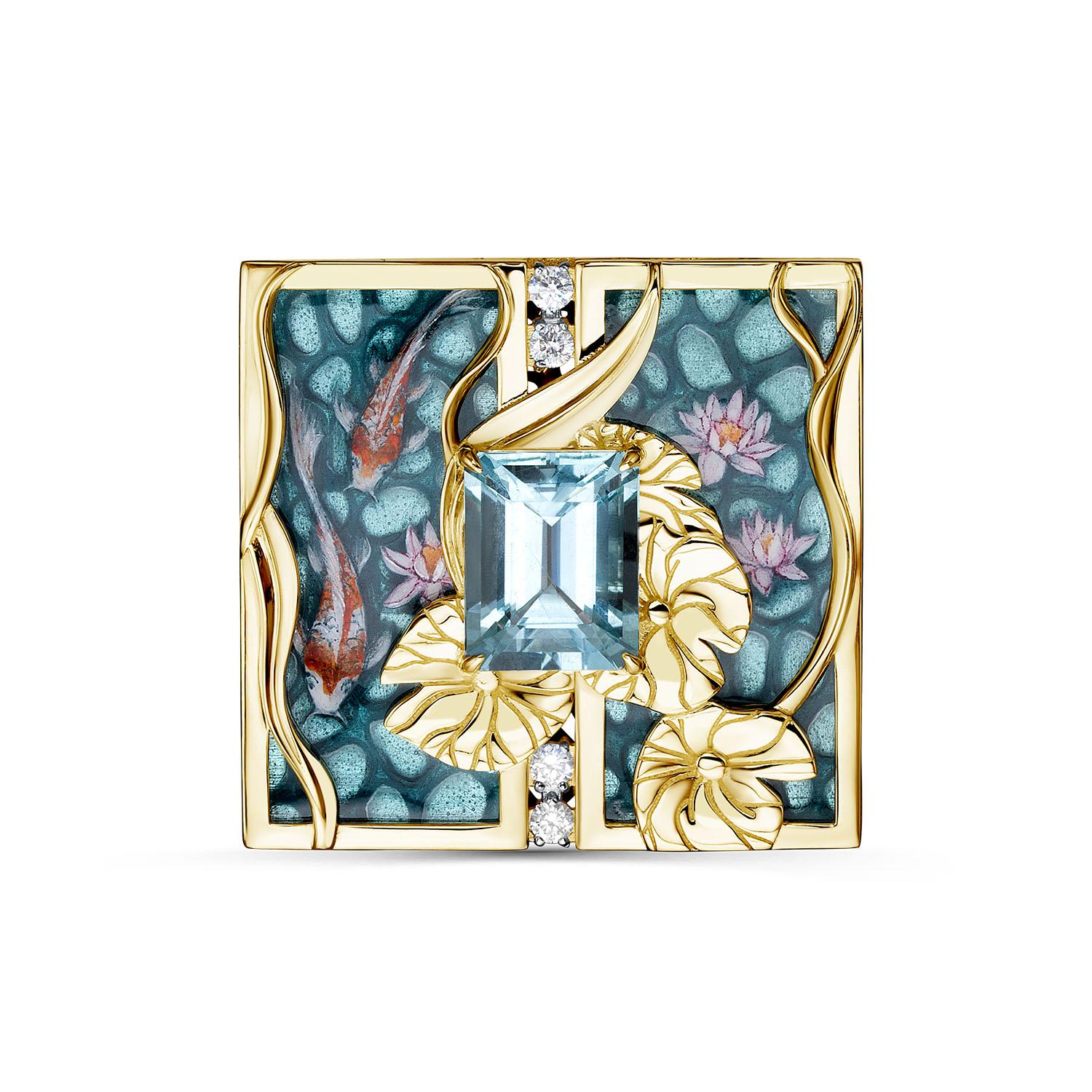 Кольцо из лимонного золота KABAROVSKY с бриллиантом, финифтью и аквамарином