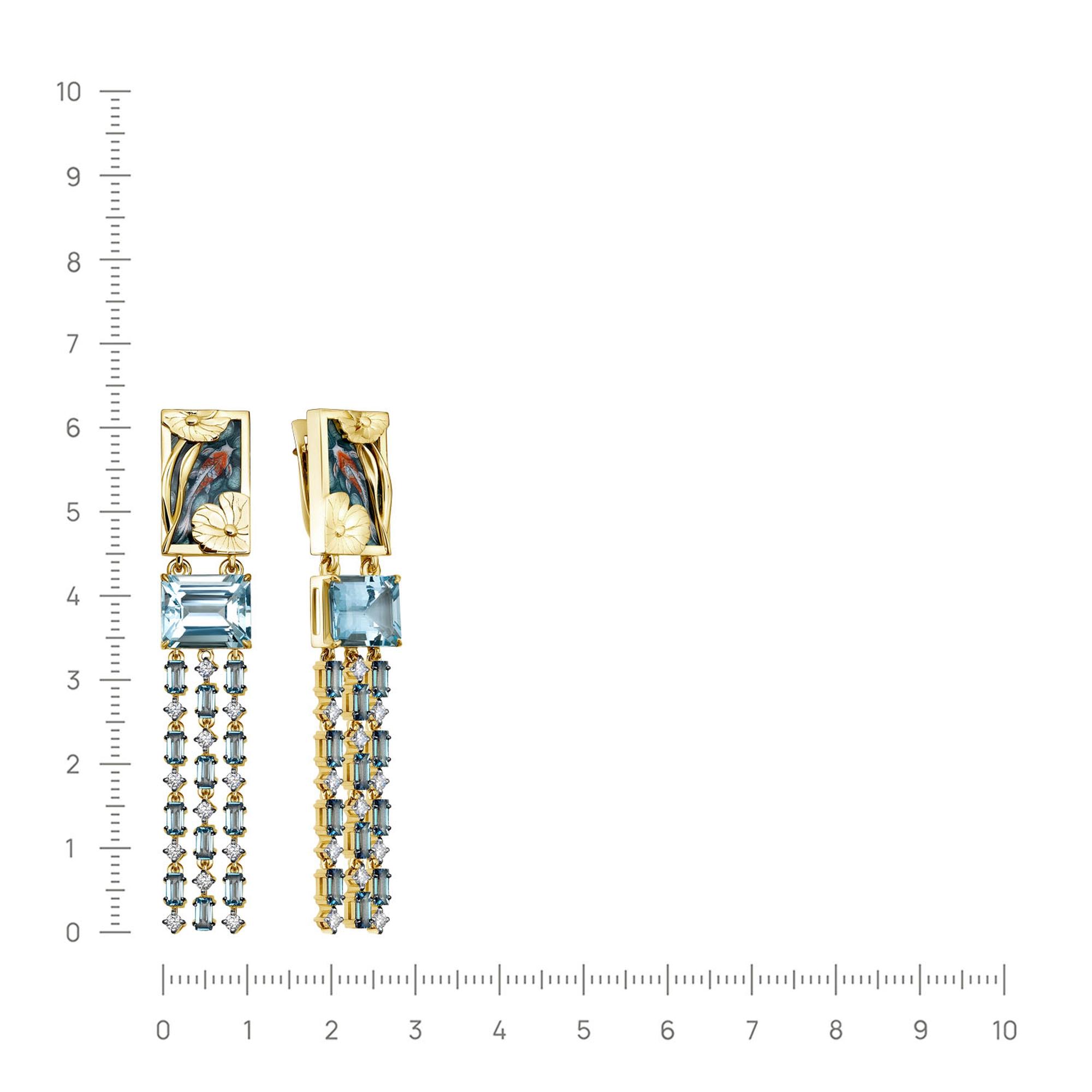 Золотые серьги KABAROVSKY с бриллиантом, Лондон топазом, финифтью и аквамарином