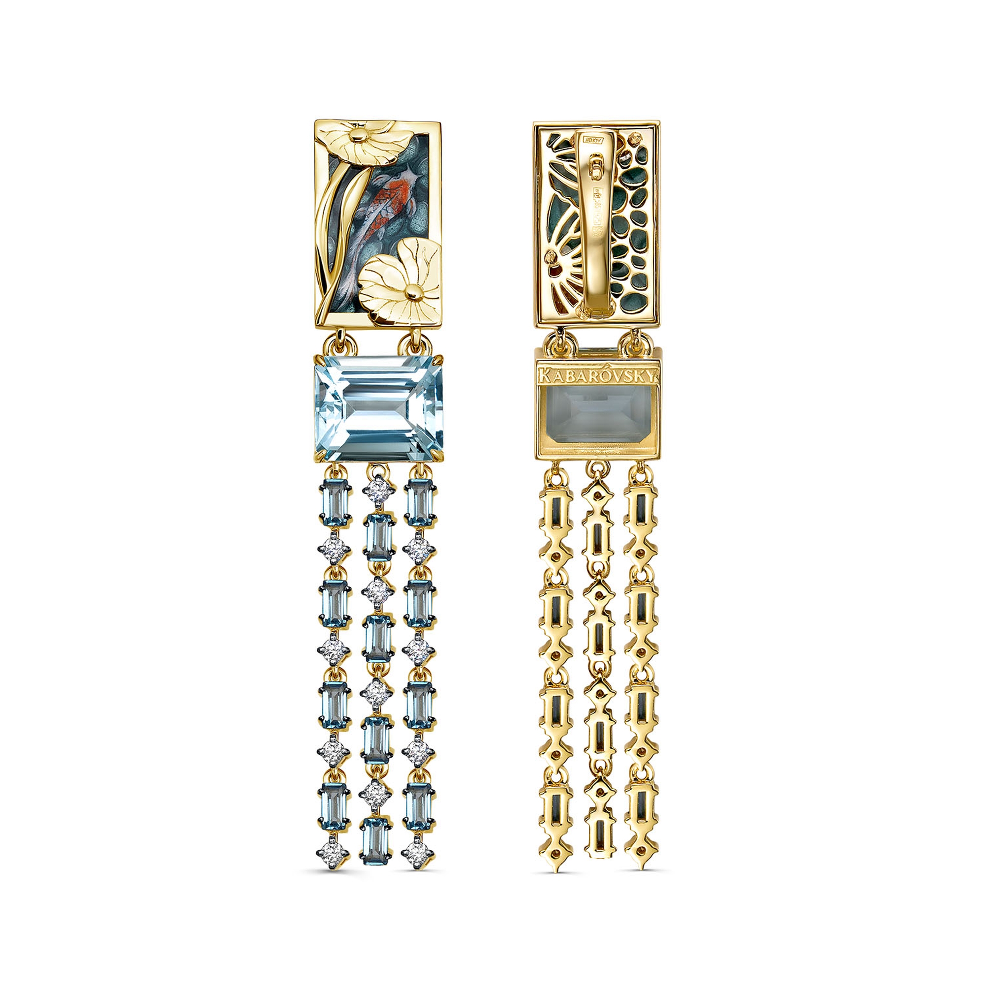 Золотые серьги KABAROVSKY с бриллиантом, Лондон топазом, финифтью и аквамарином
