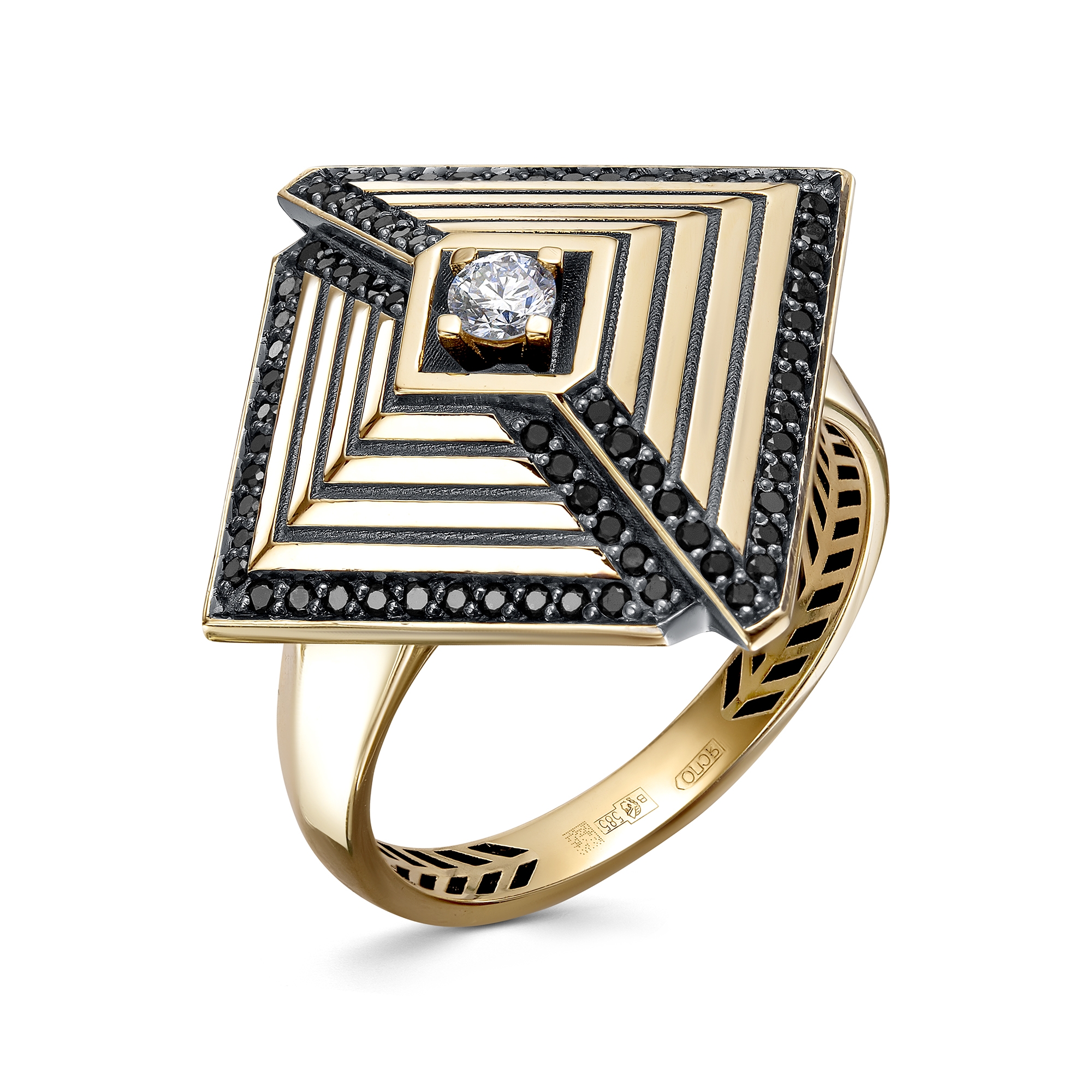 Кольцо из лимонного золота ЮК Клондайк с бриллиантом и чёрным бриллиантом